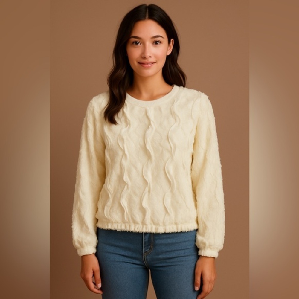 Raga Ivory Textured Chiffon Ruffle Pullover Sweater Boho NWT M/L #1356